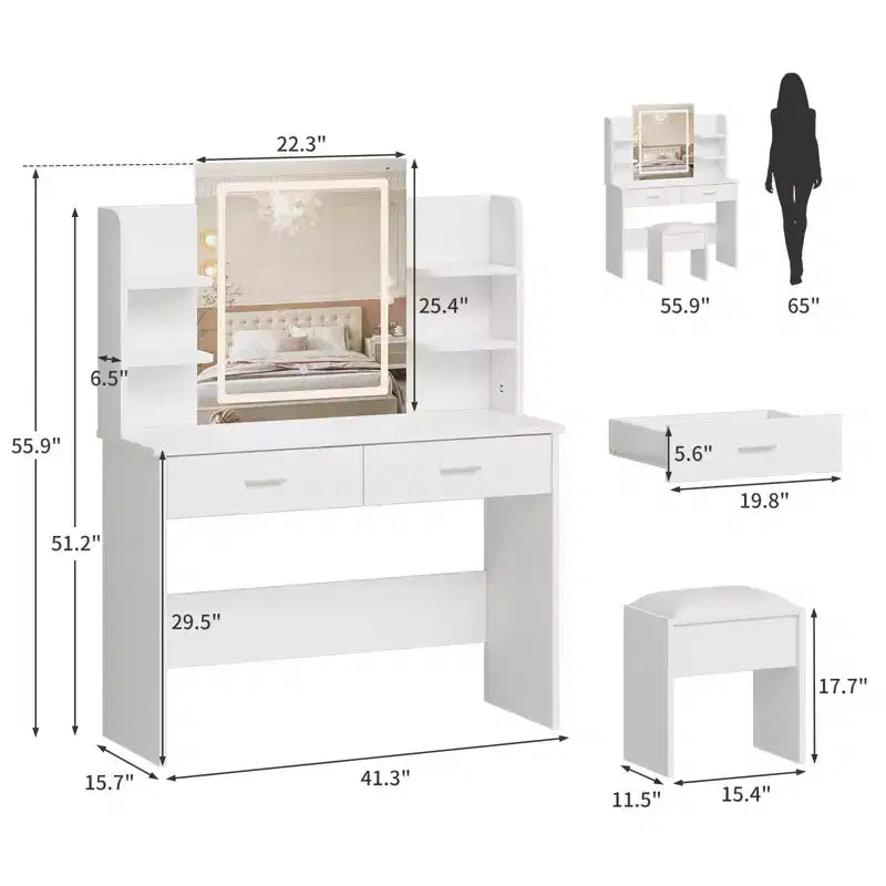 Coiffeuse GustoWave avec miroir et lumières, ensemble de coiffeuse de maquillage avec tabouret rembourré, prise de courant, 6 étagères de rangement, 2 tiroirs