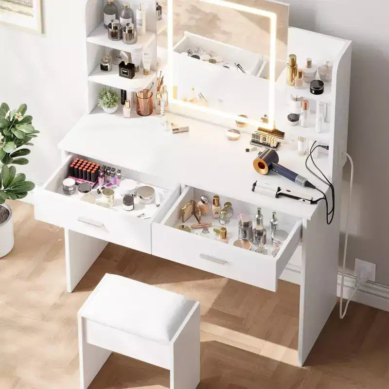 Coiffeuse GustoWave avec miroir et lumières, ensemble de coiffeuse de maquillage avec tabouret rembourré, prise de courant, 6 étagères de rangement, 2 tiroirs