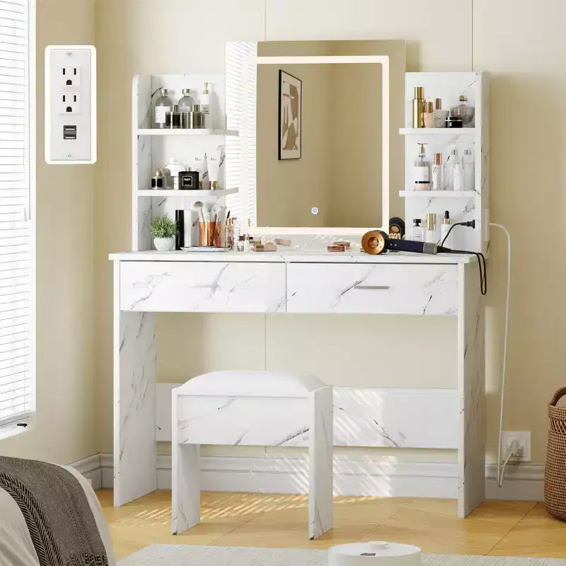 Coiffeuse GustoWave avec miroir et lumières, ensemble de coiffeuse de maquillage avec tabouret rembourré, prise de courant, 6 étagères de rangement, 2 tiroirs