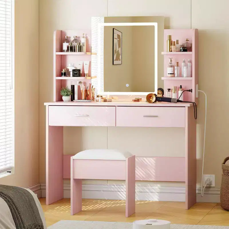 Coiffeuse GustoWave avec miroir et lumières, ensemble de coiffeuse de maquillage avec tabouret rembourré, prise de courant, 6 étagères de rangement, 2 tiroirs