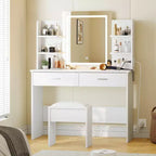 Coiffeuse GustoWave avec miroir et lumières, ensemble de coiffeuse de maquillage avec tabouret rembourré, prise de courant, 6 étagères de rangement, 2 tiroirs