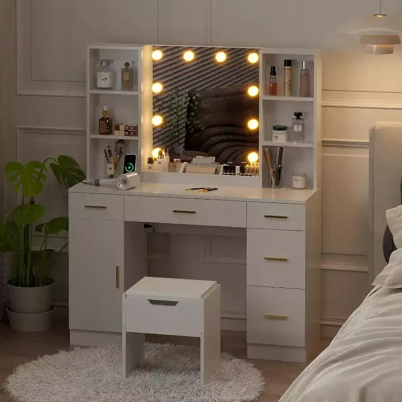 Coiffeuse avec miroir LED, 5 tiroirs coulissants et 6 étagères ouvertes, 3 modes d'éclairage couleur avec luminosité réglable, table de maquillage pour chambre à coucher