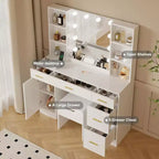 Coiffeuse avec miroir LED, 5 tiroirs coulissants et 6 étagères ouvertes, 3 modes d'éclairage couleur avec luminosité réglable, table de maquillage pour chambre à coucher