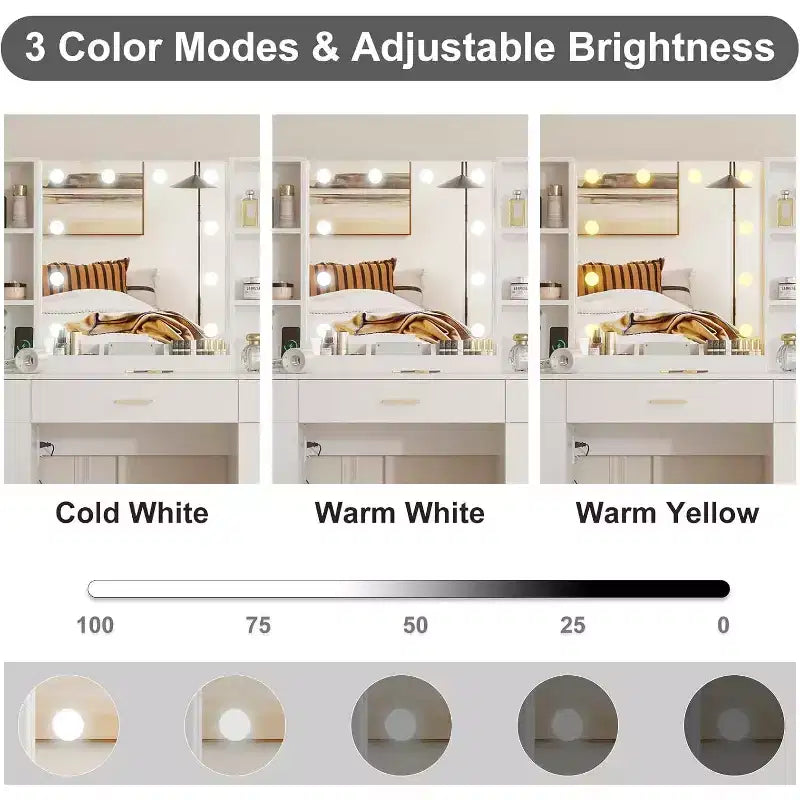 Coiffeuse avec miroir LED, 5 tiroirs coulissants et 6 étagères ouvertes, 3 modes d'éclairage couleur avec luminosité réglable, table de maquillage pour chambre à coucher