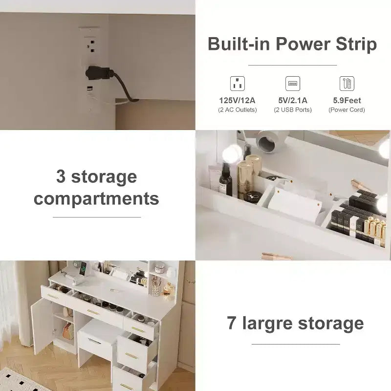 Coiffeuse avec miroir LED, 5 tiroirs coulissants et 6 étagères ouvertes, 3 modes d'éclairage couleur avec luminosité réglable, table de maquillage pour chambre à coucher