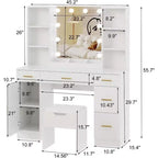 Coiffeuse avec miroir LED, 5 tiroirs coulissants et 6 étagères ouvertes, 3 modes d'éclairage couleur avec luminosité réglable, table de maquillage pour chambre à coucher