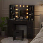 Coiffeuse avec miroir LED, 5 tiroirs coulissants et 6 étagères ouvertes, 3 modes d'éclairage couleur avec luminosité réglable, table de maquillage pour chambre à coucher