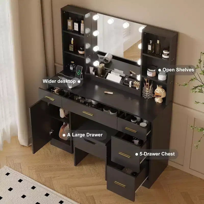Coiffeuse avec miroir LED, 5 tiroirs coulissants et 6 étagères ouvertes, 3 modes d'éclairage couleur avec luminosité réglable, table de maquillage pour chambre à coucher