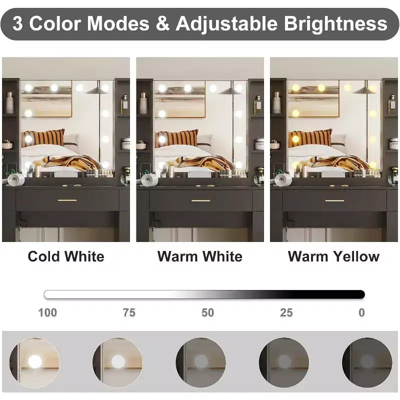 Coiffeuse avec miroir LED, 5 tiroirs coulissants et 6 étagères ouvertes, 3 modes d'éclairage couleur avec luminosité réglable, table de maquillage pour chambre à coucher