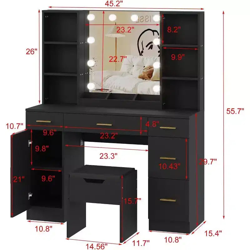 Coiffeuse avec miroir LED, 5 tiroirs coulissants et 6 étagères ouvertes, 3 modes d'éclairage couleur avec luminosité réglable, table de maquillage pour chambre à coucher
