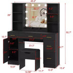 Coiffeuse avec miroir LED, 5 tiroirs coulissants et 6 étagères ouvertes, 3 modes d'éclairage couleur avec luminosité réglable, table de maquillage pour chambre à coucher
