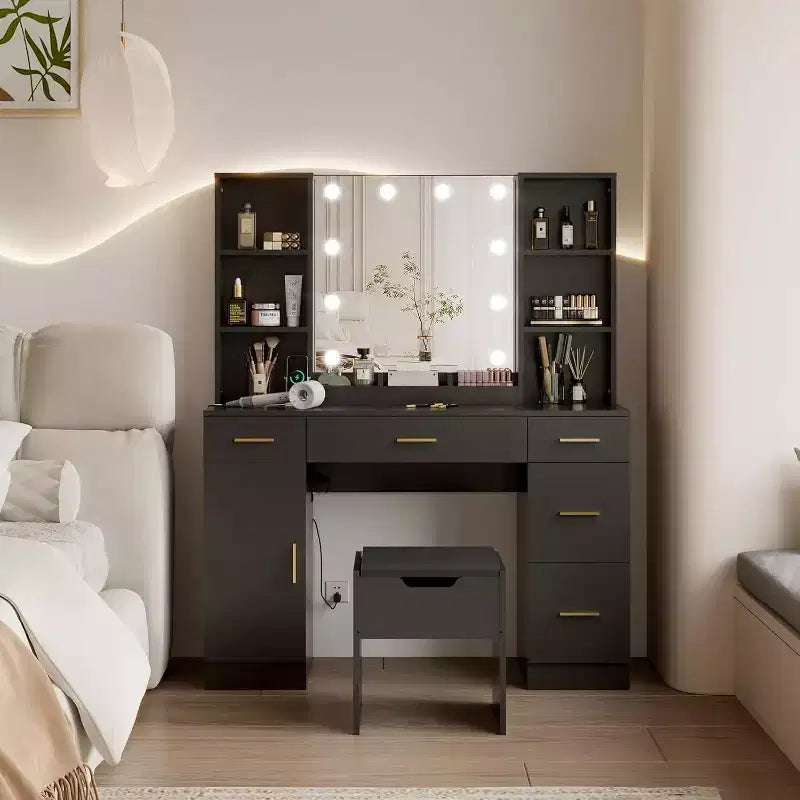 Coiffeuse avec miroir LED, 5 tiroirs coulissants et 6 étagères ouvertes, 3 modes d'éclairage couleur avec luminosité réglable, table de maquillage pour chambre à coucher
