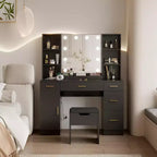Coiffeuse avec miroir LED, 5 tiroirs coulissants et 6 étagères ouvertes, 3 modes d'éclairage couleur avec luminosité réglable, table de maquillage pour chambre à coucher