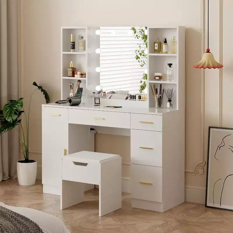 Coiffeuse avec miroir LED, 5 tiroirs coulissants et 6 étagères ouvertes, 3 modes d'éclairage couleur avec luminosité réglable, table de maquillage pour chambre à coucher