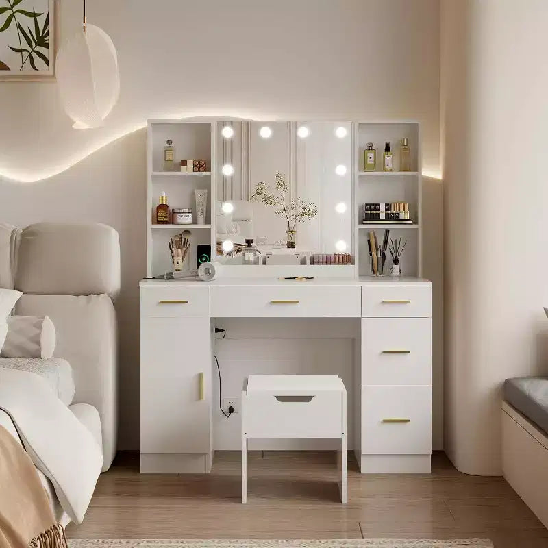 Coiffeuse avec miroir LED, 5 tiroirs coulissants et 6 étagères ouvertes, 3 modes d'éclairage couleur avec luminosité réglable, table de maquillage pour chambre à coucher