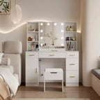 Coiffeuse avec miroir LED, 5 tiroirs coulissants et 6 étagères ouvertes, 3 modes d'éclairage couleur avec luminosité réglable, table de maquillage pour chambre à coucher
