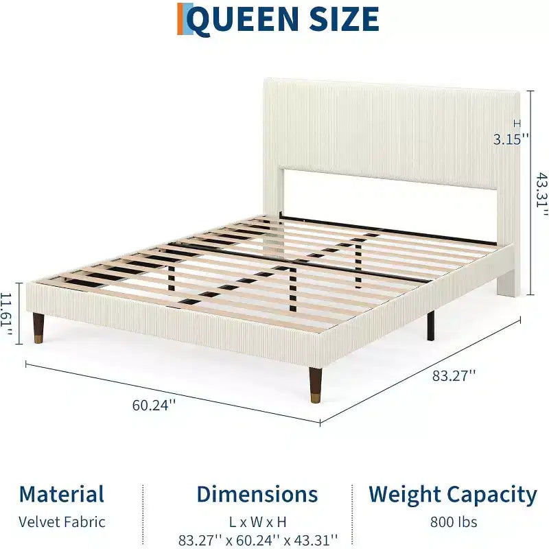 Cadre de lit plateforme Queen Size rembourré avec tête de lit en tissu moderne, cadre en métal robuste et lattes en bois, sans bruit, sommier tapissier non nécessaire, beige
