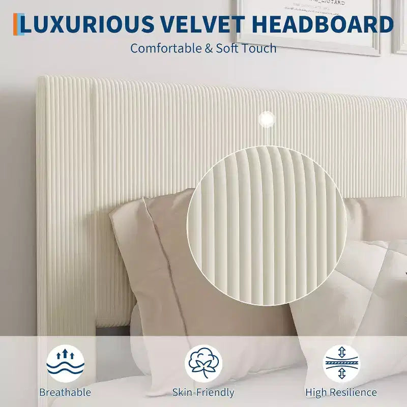 Cadre de lit plateforme Queen Size rembourré avec tête de lit en tissu moderne, cadre en métal robuste et lattes en bois, sans bruit, sommier tapissier non nécessaire, beige