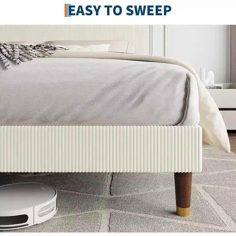 Cadre de lit plateforme Queen Size rembourré avec tête de lit en tissu moderne, cadre en métal robuste et lattes en bois, sans bruit, sommier tapissier non nécessaire, beige