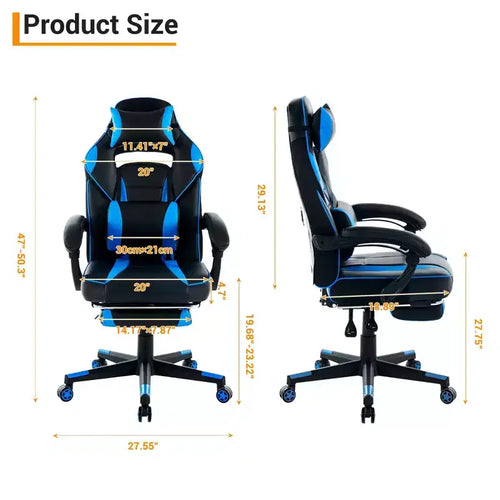 Chaise de gamer pivotante à 360° et réglable en hauteur avec repose-pieds rétractable et support lombaire ergonomique, en cuir PU, avec appui-tête pour le bureau