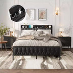 GustoWave All-Metal Platform Bed Frame, with Button Headboard and Charging Station
