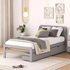 Lit jumeau avec 2 tiroirs de rangement gigognes, Cadre de lit plateforme avec tête de lit pour chambre à coucher ou petit espace de vie, Aucun sommier tapissier requis