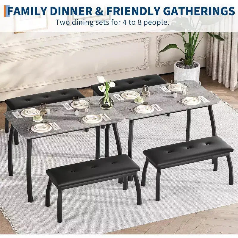 Ensemble table à manger CuisinSmart pour 4, table de cuisine avec 2 bancs rembourrés, ensemble de salle à manger 3 pièces pour petit espace