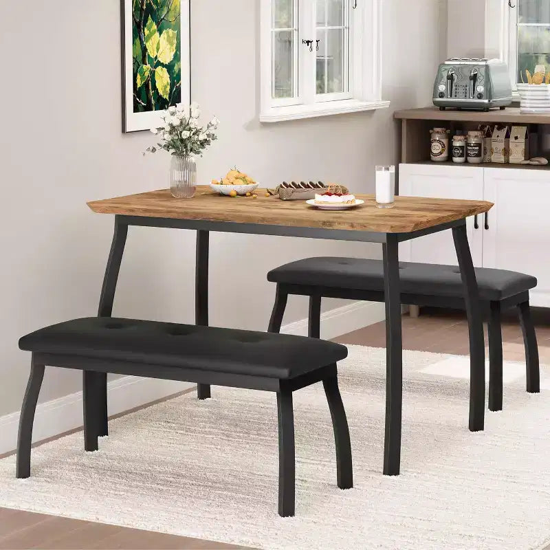 Ensemble table à manger CuisinSmart pour 4, table de cuisine avec 2 bancs rembourrés, ensemble de salle à manger 3 pièces pour petit espace