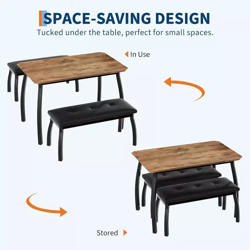 Ensemble table à manger CuisinSmart pour 4, table de cuisine avec 2 bancs rembourrés, ensemble de salle à manger 3 pièces pour petit espace