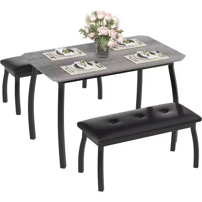 Ensemble table à manger CuisinSmart pour 4, table de cuisine avec 2 bancs rembourrés, ensemble de salle à manger 3 pièces pour petit espace