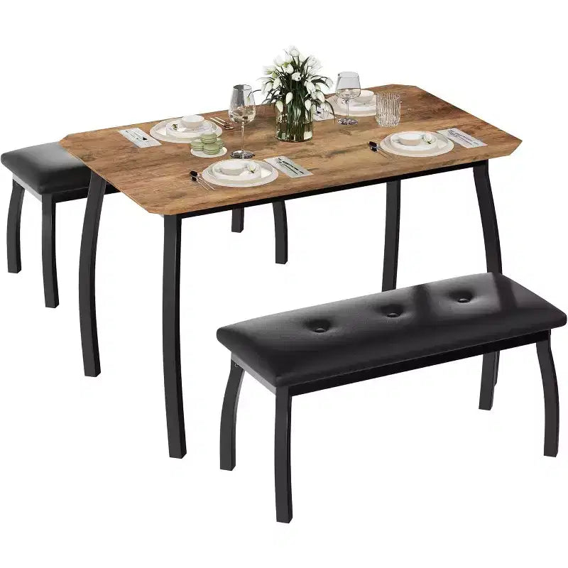 Ensemble table à manger CuisinSmart pour 4, table de cuisine avec 2 bancs rembourrés, ensemble de salle à manger 3 pièces pour petit espace