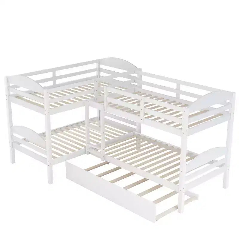 Lit superposé jumeau en L avec lit gigogne - Blanc