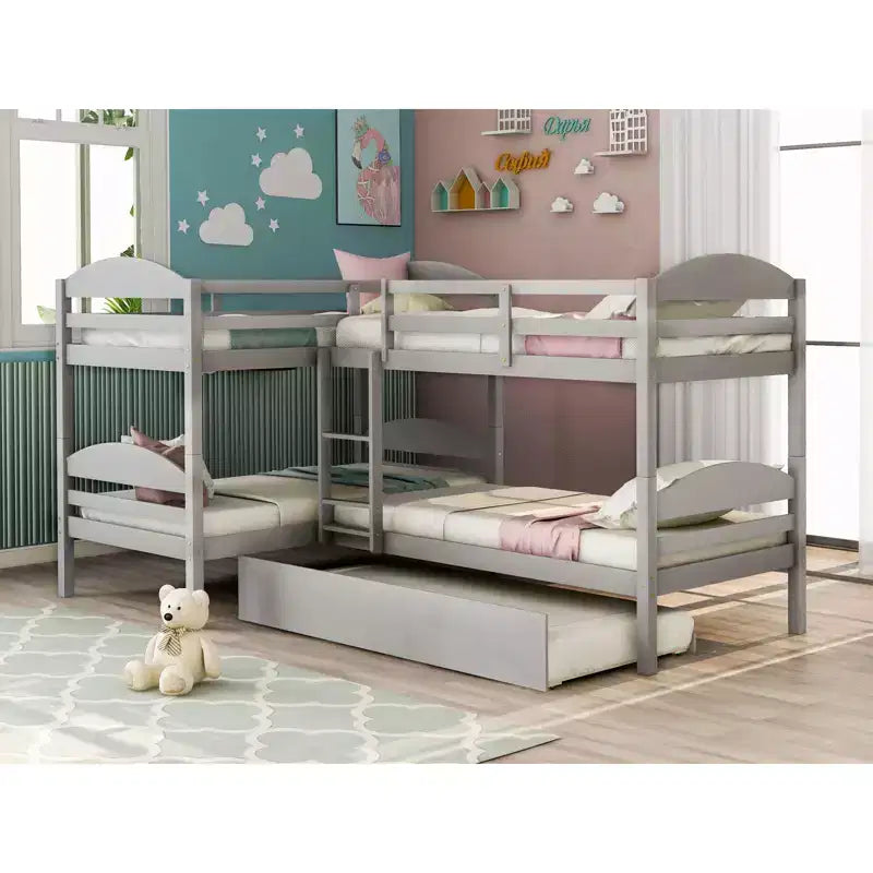 Lit superposé jumeau en L avec lit gigogne - Blanc