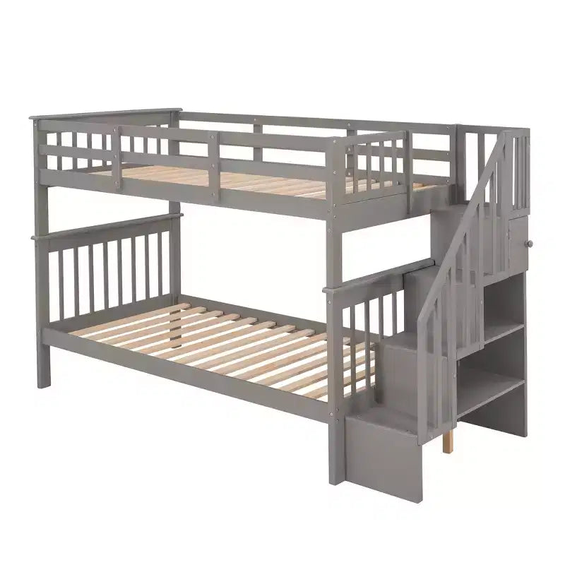 Lit superposé jumeau sur jumeau avec escalier, rangement et barrière de sécurité pour chambre à coucher, dortoir, couleur blanche
