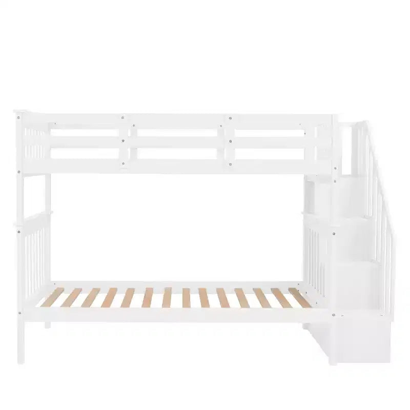Lit superposé jumeau sur jumeau avec escalier, rangement et barrière de sécurité pour chambre à coucher, dortoir, couleur blanche