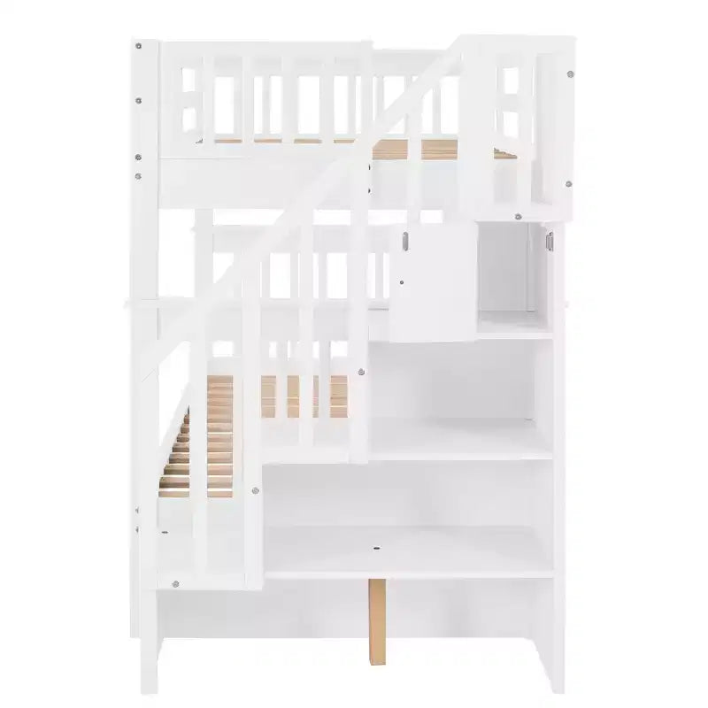 Lit superposé jumeau sur jumeau avec escalier, rangement et barrière de sécurité pour chambre à coucher, dortoir, couleur blanche