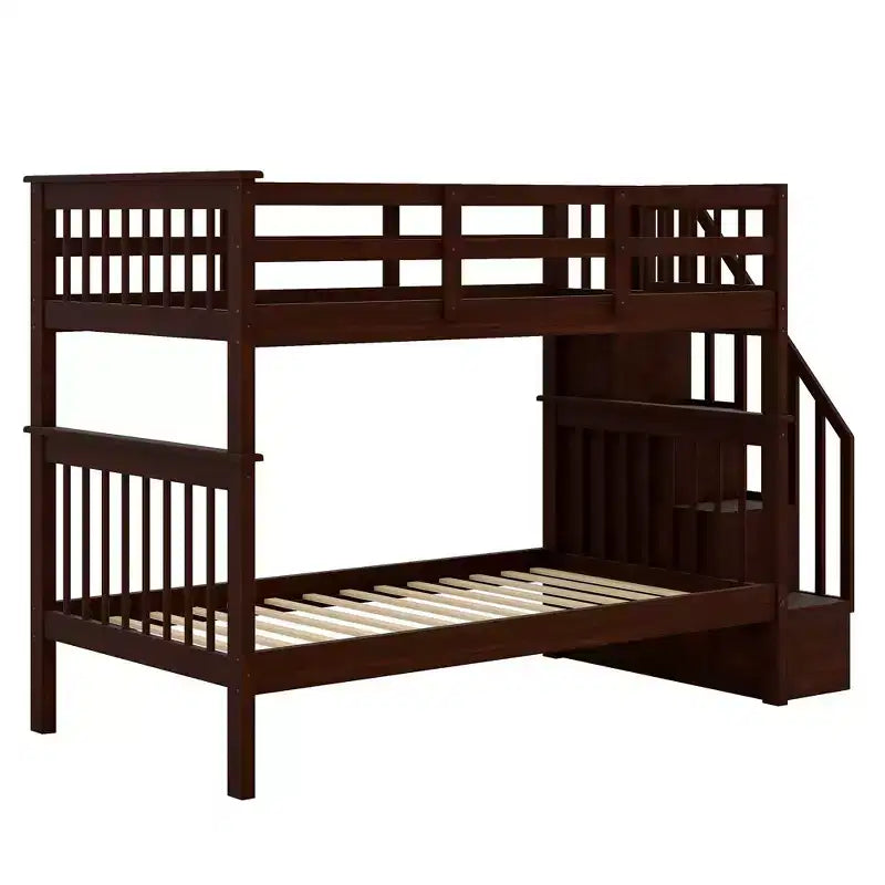 Lit superposé jumeau sur jumeau avec escalier, rangement et barrière de sécurité pour chambre à coucher, dortoir, couleur blanche