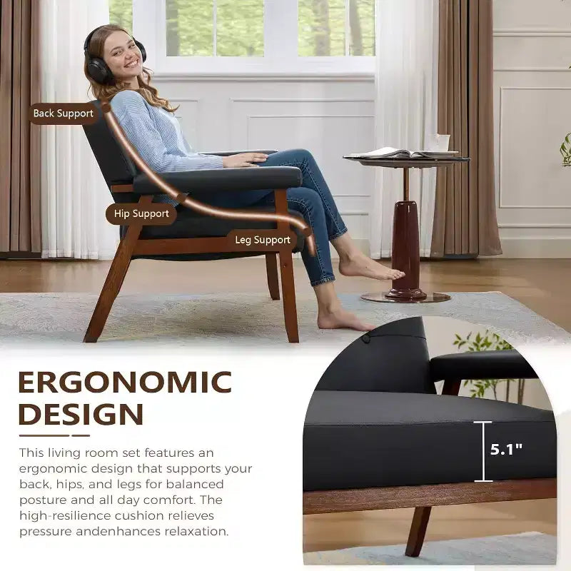 TYBOATLE 50 Canapé deux places en similicuir avec accoudoirs en bois, petit canapé moderne du milieu du siècle pour bureau, salon, chambre à coucher, noir