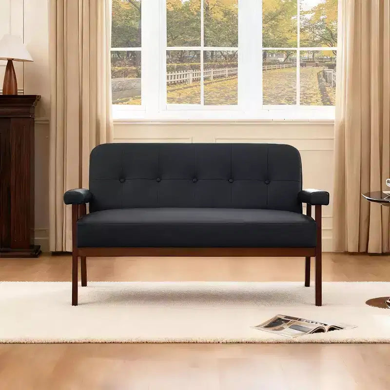 TYBOATLE 50 Canapé deux places en similicuir avec accoudoirs en bois, petit canapé moderne du milieu du siècle pour bureau, salon, chambre à coucher, noir