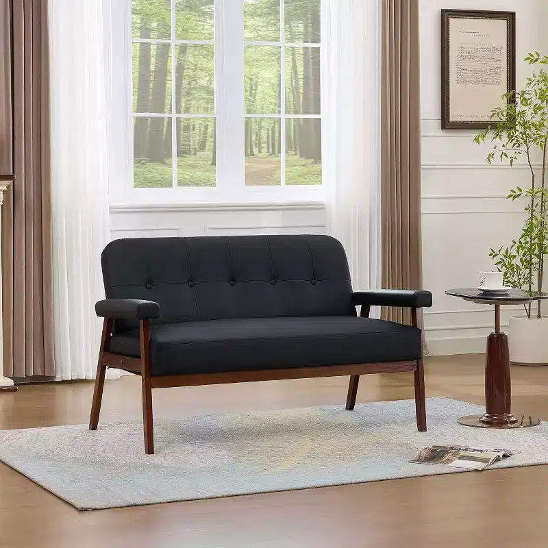 TYBOATLE 50 Canapé deux places en similicuir avec accoudoirs en bois, petit canapé moderne du milieu du siècle pour bureau, salon, chambre à coucher, noir