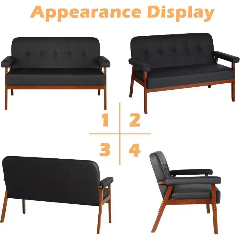 TYBOATLE 50 Canapé deux places en similicuir avec accoudoirs en bois, petit canapé moderne du milieu du siècle pour bureau, salon, chambre à coucher, noir