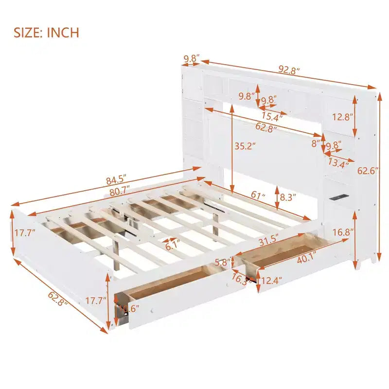 Lit en bois Queen Size avec étagère de rangement tout-en-un et prises de courant gris