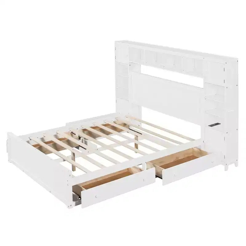 Lit en bois Queen Size avec étagère de rangement tout-en-un et prises de courant gris