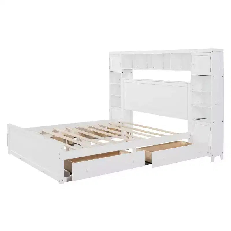 Lit en bois Queen Size avec étagère de rangement tout-en-un et prises de courant gris