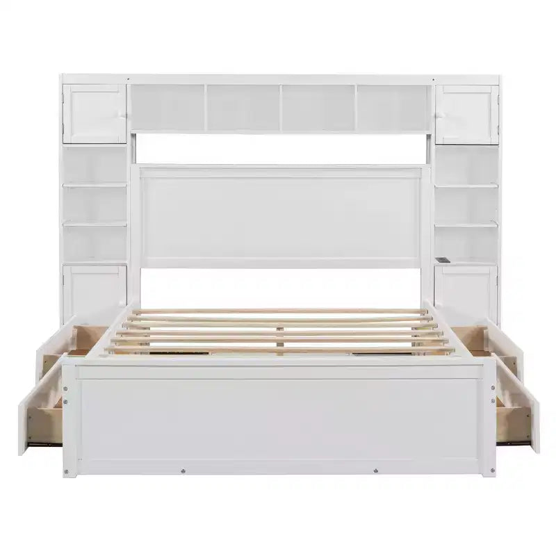 Lit en bois Queen Size avec étagère de rangement tout-en-un et prises de courant gris