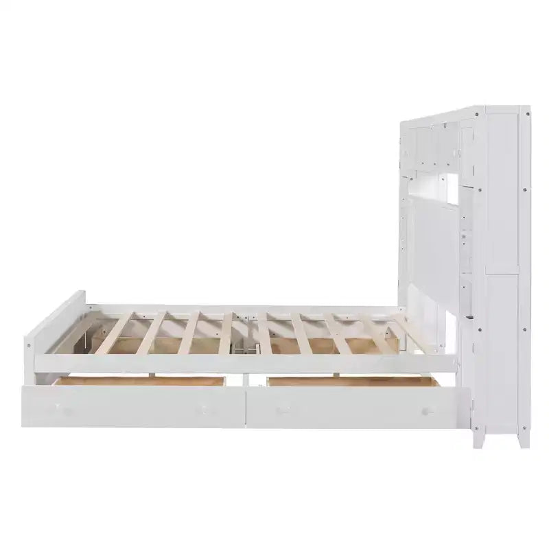 Lit en bois Queen Size avec étagère de rangement tout-en-un et prises de courant gris