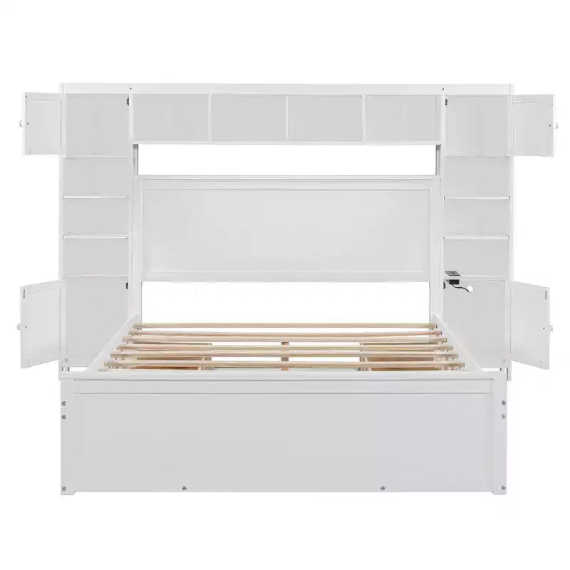 Lit en bois Queen Size avec étagère de rangement tout-en-un et prises de courant gris