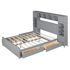 Lit en bois Queen Size avec étagère de rangement tout-en-un et prises de courant gris
