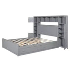 Lit en bois Queen Size avec étagère de rangement tout-en-un et prises de courant gris
