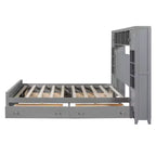 Lit en bois Queen Size avec étagère de rangement tout-en-un et prises de courant gris